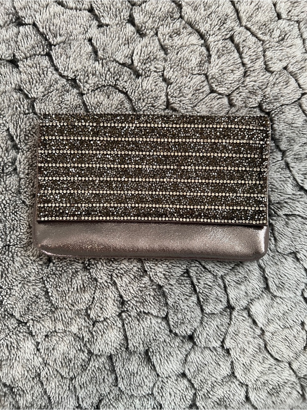 Metallic Rhinestone Clutch Bag
9” L x 5” H